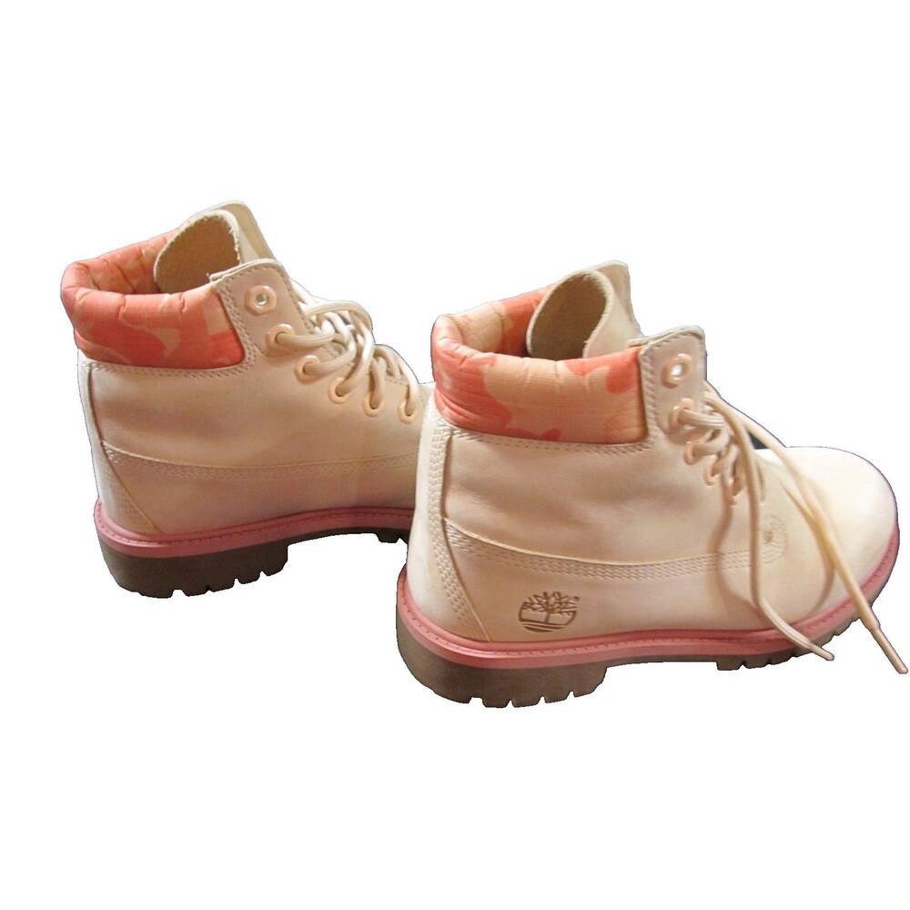 Timberland Kids Boots Size 4 Tan Leather Pink Orange Padded Collar - Picture 6 of 12